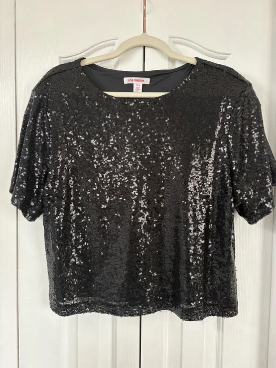 Joe Fresh Black Sequin Short Sleeve Tee Top - Picture 3 of 3